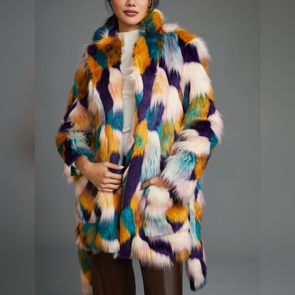 Hutch Multicolor Faux Fur Teddy Jacket in Teal, Mustard, Purple, Cream
